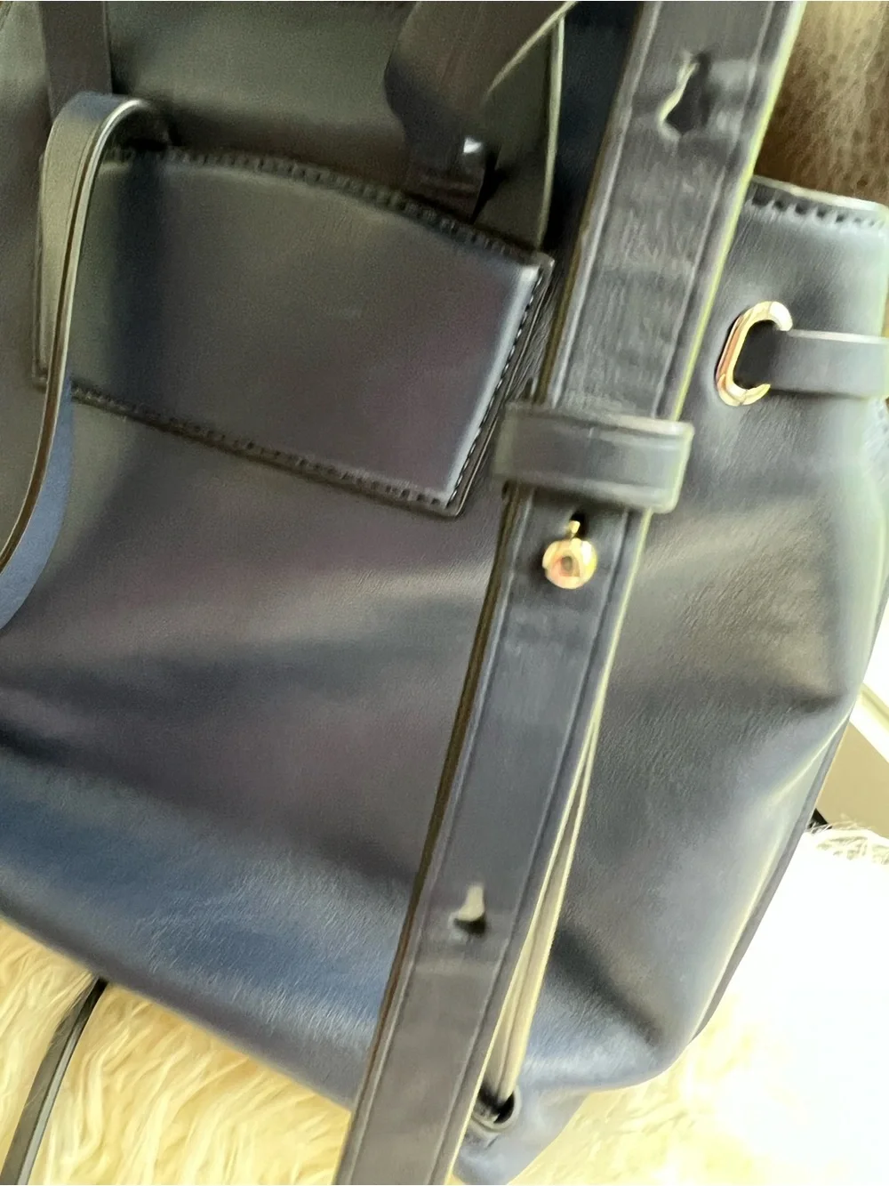 Marc Jacobs Navy Leather Drawstring Backpack with Zipper Details